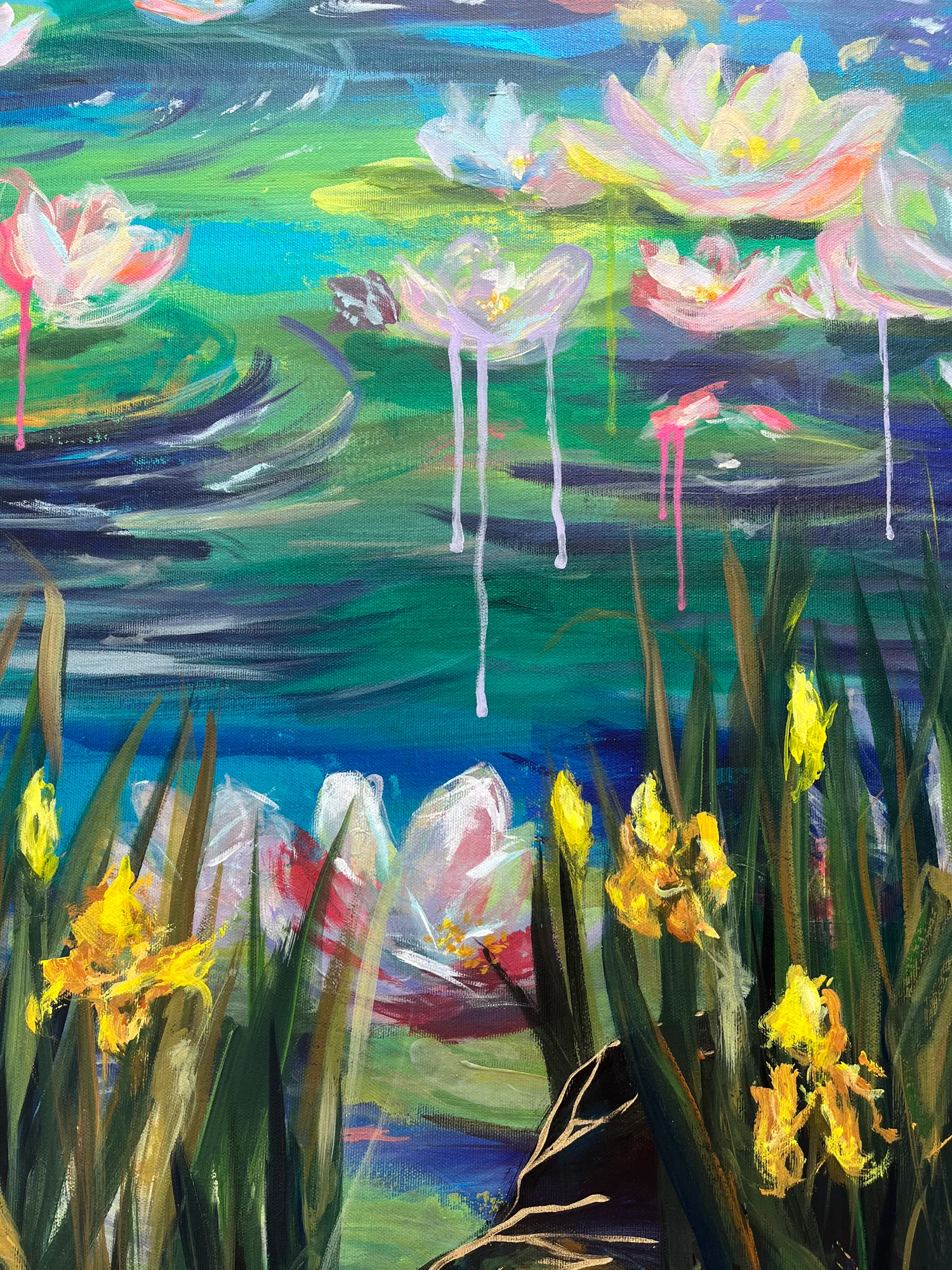 Close detail: white and pink paint running down the canvas in drips below the lilies, with yellow irises rising from the reeds