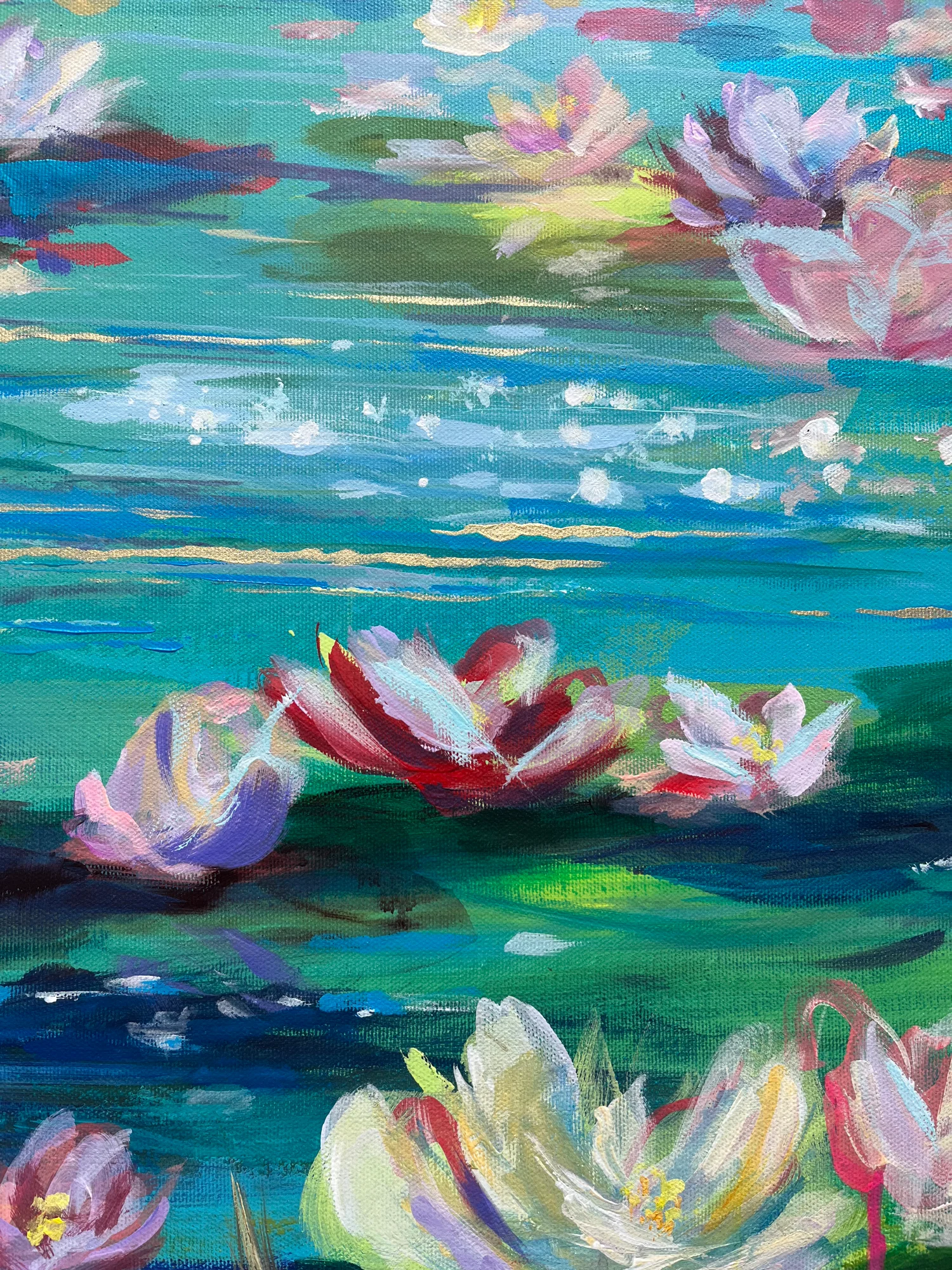 Close detail: dark red and lilac lilies on deep blue-green water, threaded with strokes of gold