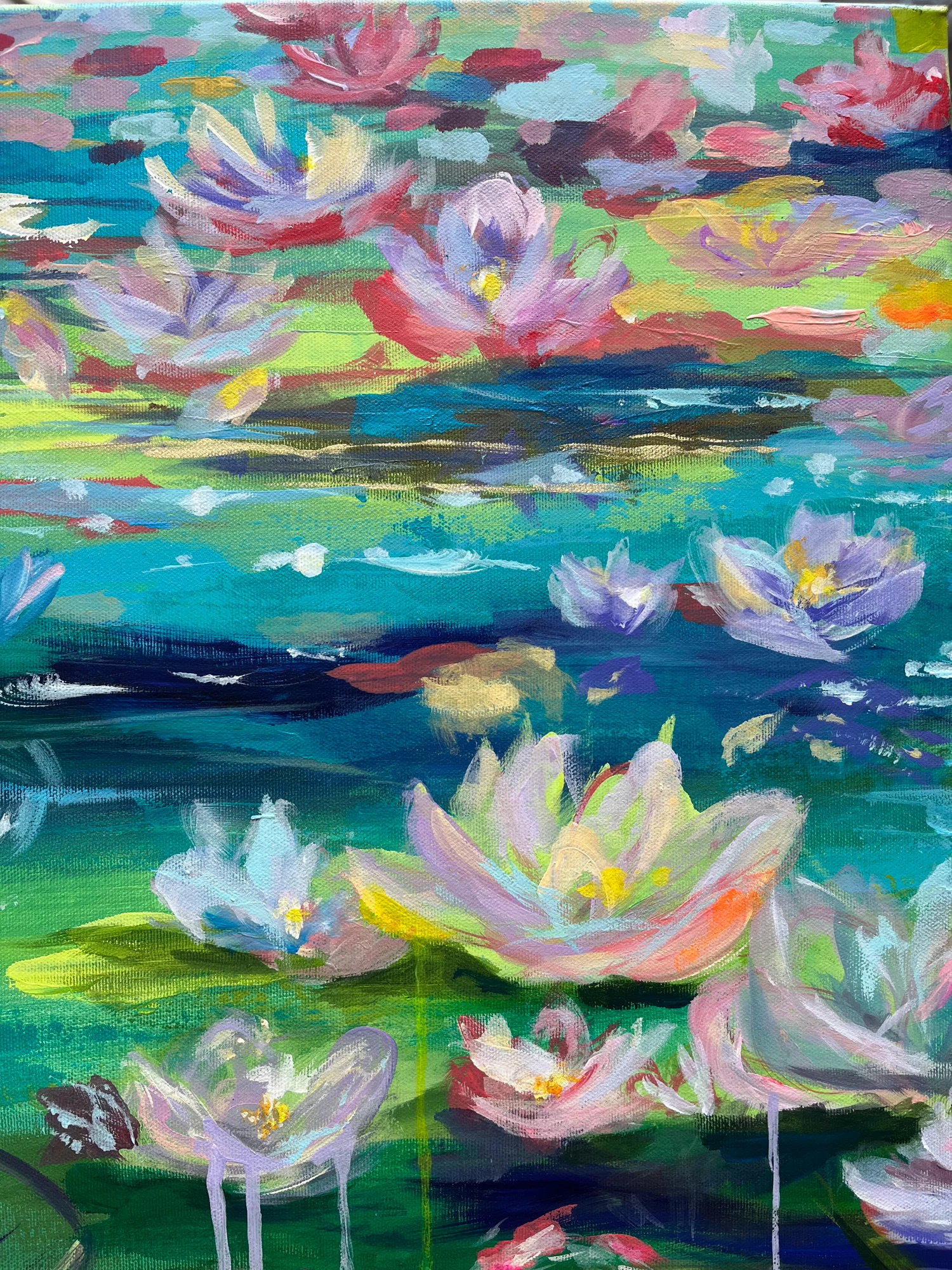 Close detail: a dense field of lilies seen up close, lilac over green and turquoise, paint dripping at the lower edge